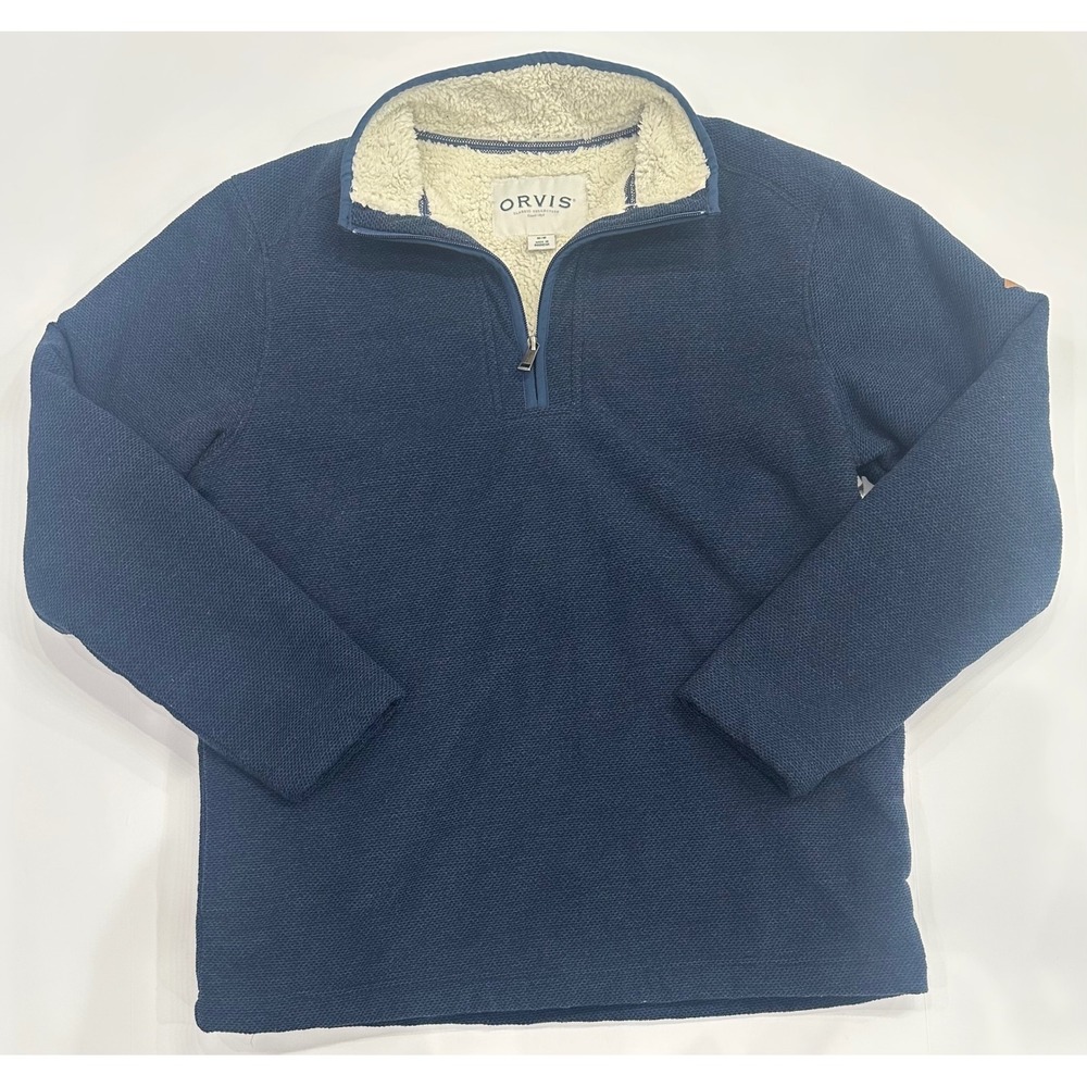 Orvis Mens Navy Sherpa Lined Quarter Zip Waffle Knit Pullover Sweater Size M